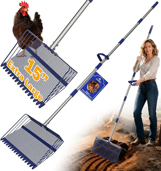 Chicken Poop Scooper & Rake 2-in-1 with Ergonomic Grip, Metal Chicken Coop Scoop for Sand with Adjustable 38”-77” Stainless Steel Handle, Extra Wide 15” Sifting Shovel Cleaning Tools