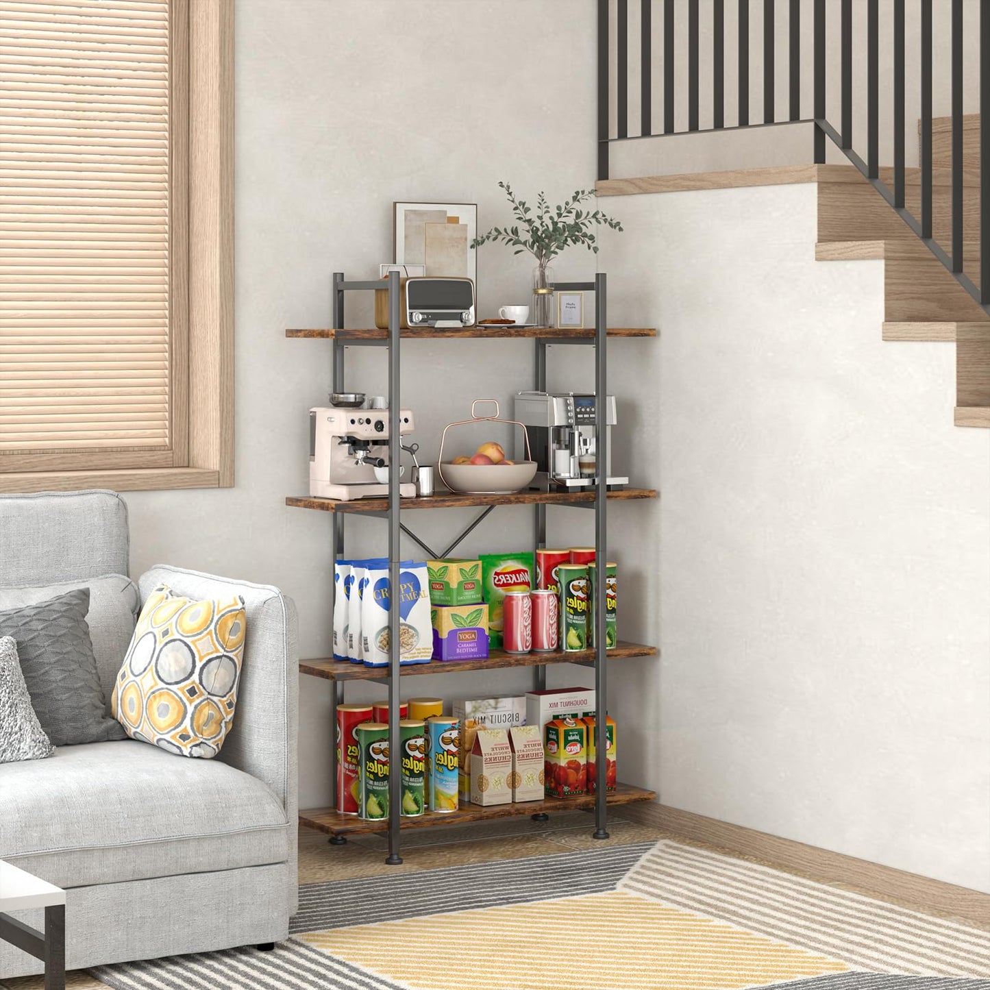 Azheruol 4 Tiers Bookshelf Rustic Brown Wooden Storage Shelf, Industrial Shelf Book Organizer,Modern Open Display Storage Bookcase,Metal Bookshelf Standing Tall Shelving Units for Home Office Study.