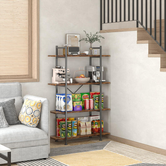 Azheruol 4 Tiers Bookshelf Rustic Brown Wooden Storage Shelf, Industrial Shelf Book Organizer,Modern Open Display Storage Bookcase,Metal Bookshelf Standing Tall Shelving Units for Home Office Study.