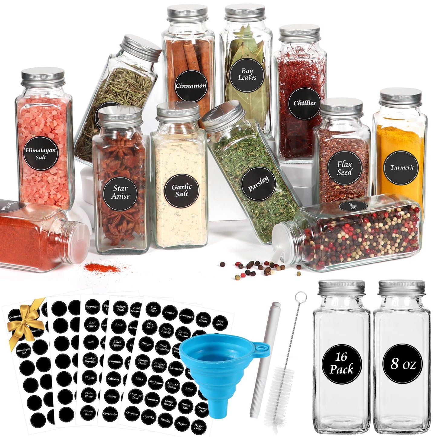 AuroTrends Spice Jars with Label 8oz 16Pcs, 8oz Glass Spice Jars with Shaker Lids 16Pack -Square Spice Containers with Waterproof Labels| Chalk Marker| Shaker Lids| Brush| Collapsible Funnel