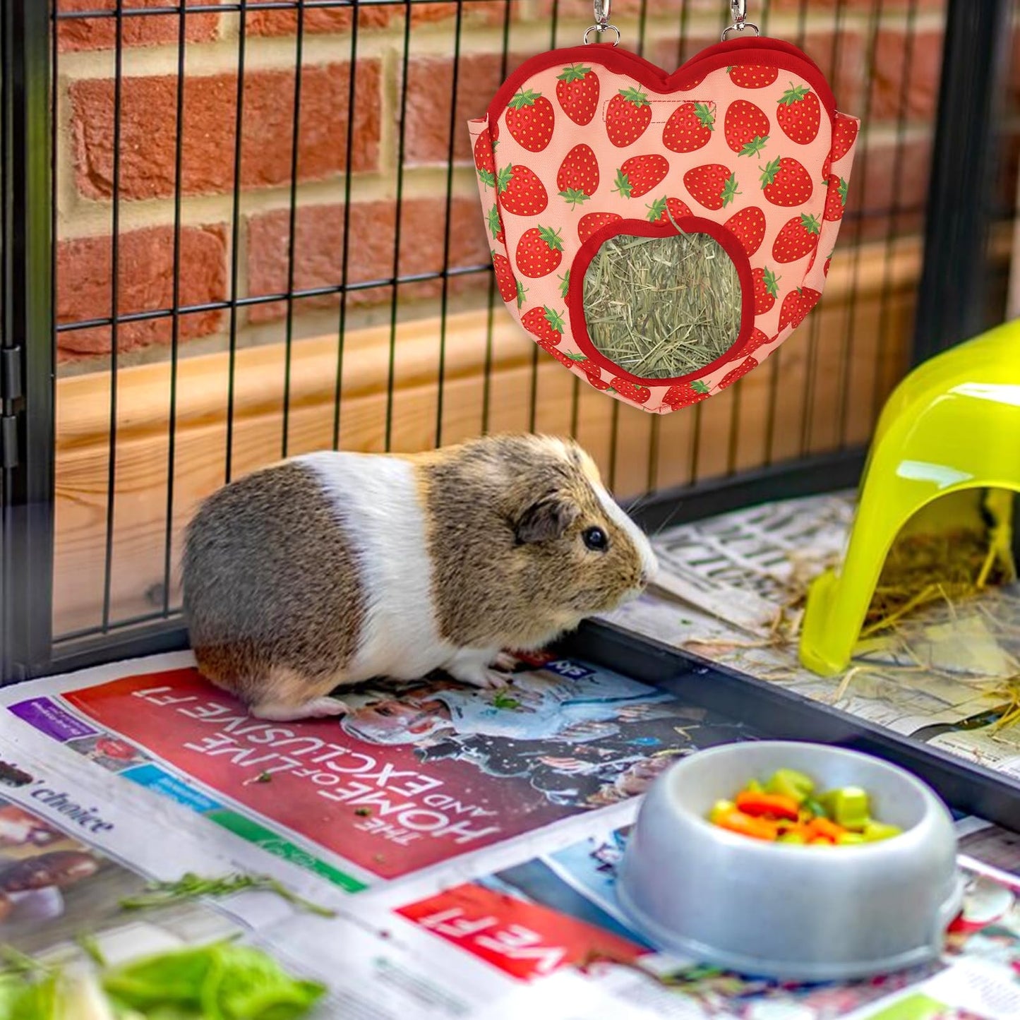 ABTOLS Rabbit Hay Feeder Bags, Hanging Hay Feeder for Cage Guinea Pigs Chinchillas Hamsters Heart Shape Red Strawberry Bunny Small Animal Pet Cartoon Hay Bag