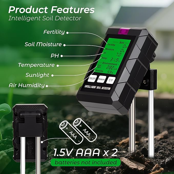 Walensee 6-in-1 Digital Soil Tester,Moisture Meter/Soil pH Tester/Fertility(EC)/Temperature/Light/Air Humidity Sensor, Plant Water Meter for Gardening,Lawns,Farms,Indoor & Outdoor Plants
