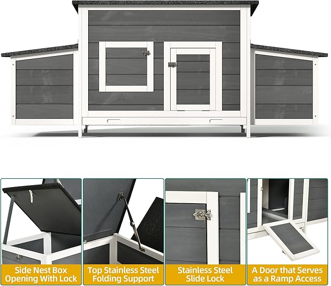 DWVO Solid Wood Chicken Coop for 4-6 Chickens, Outdoor Wooden Chicken Run Pen with 2 Nesting Boxes, Poultry Cage Rabbit Hutch Duck Coop Hen House w Weatherproof Roof & Removable Tray, Grey