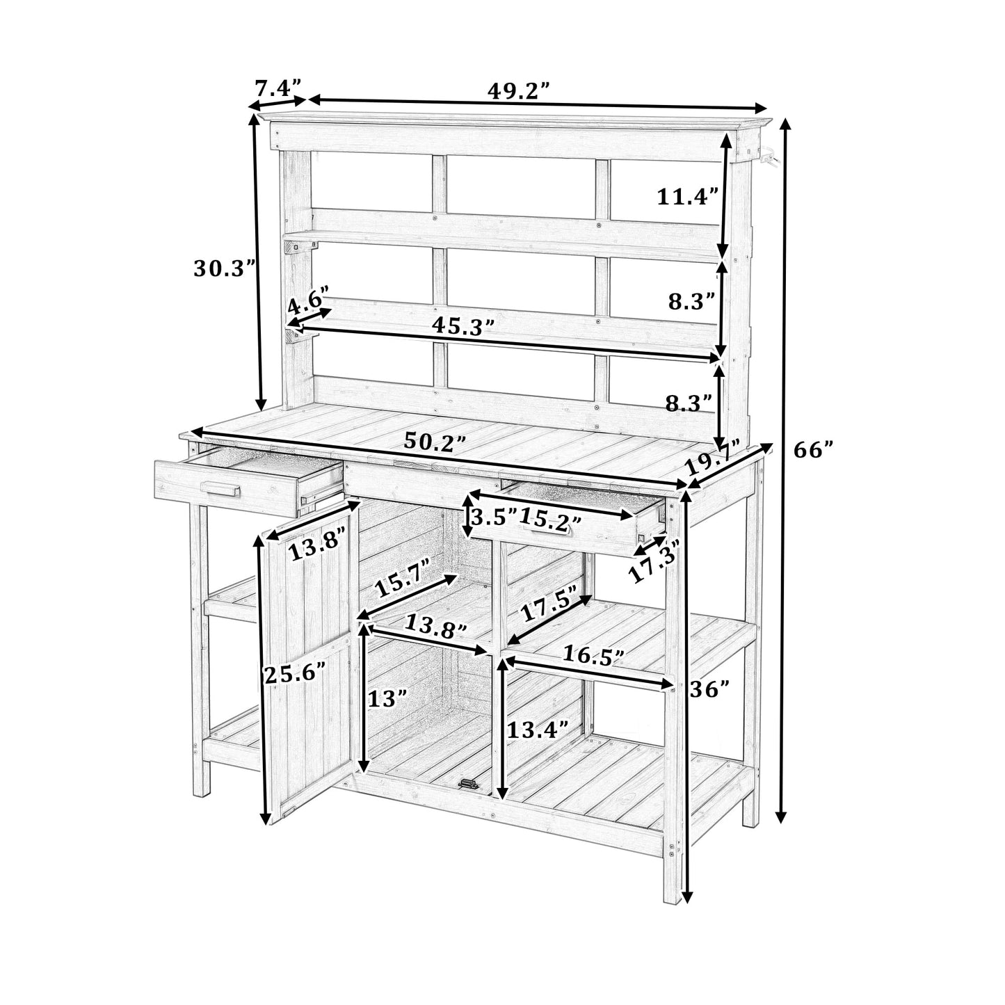 Merax 66" Large Outdoor Farmhouse Wooden Potting Bench Table, Garden Workstation with 2 Drawers, Cabinet, and Open Shelves for Backyard, Mudroom, Brown