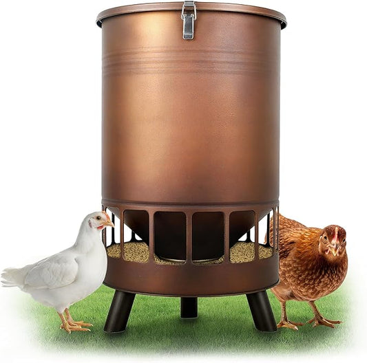Solution4Patio 50LB No-Waste Chicken Feeder, Large Capacity Gravity Dispenser with Spill Control & 16 Feeding Ports Poultry Feeder for Outdoors & Hen Coop (Brown)