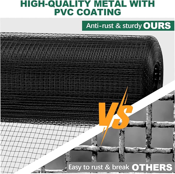 48 in x 100 ft Hardware Cloth, Heavy Duty Black Chicken Wire Fencing, 1/2" 19 Gauge PVC Vinyl Coated Welded Wire Mesh Roll with Measuring Tape Rolling Belt Pliers, for Chicken Coop Garden
