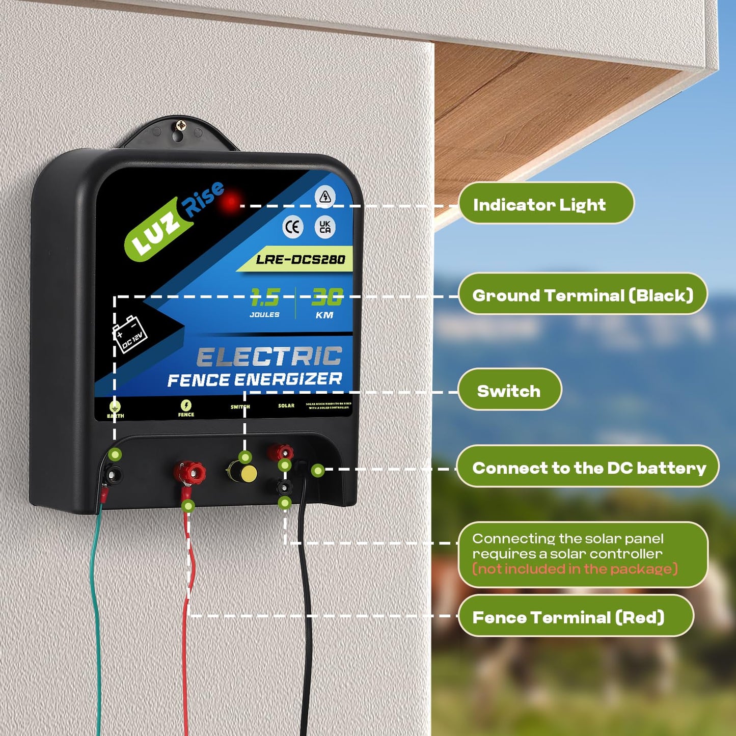 Luzrise 30KM Electric Fence Energizer 2 in 1 Powered by DC Battery or Solar Electric Fence Charger, 1.5 Joules Output with IP65 Waterproof Function for Livestock, Pet, Poultry, Garden (LRE-DCS280)