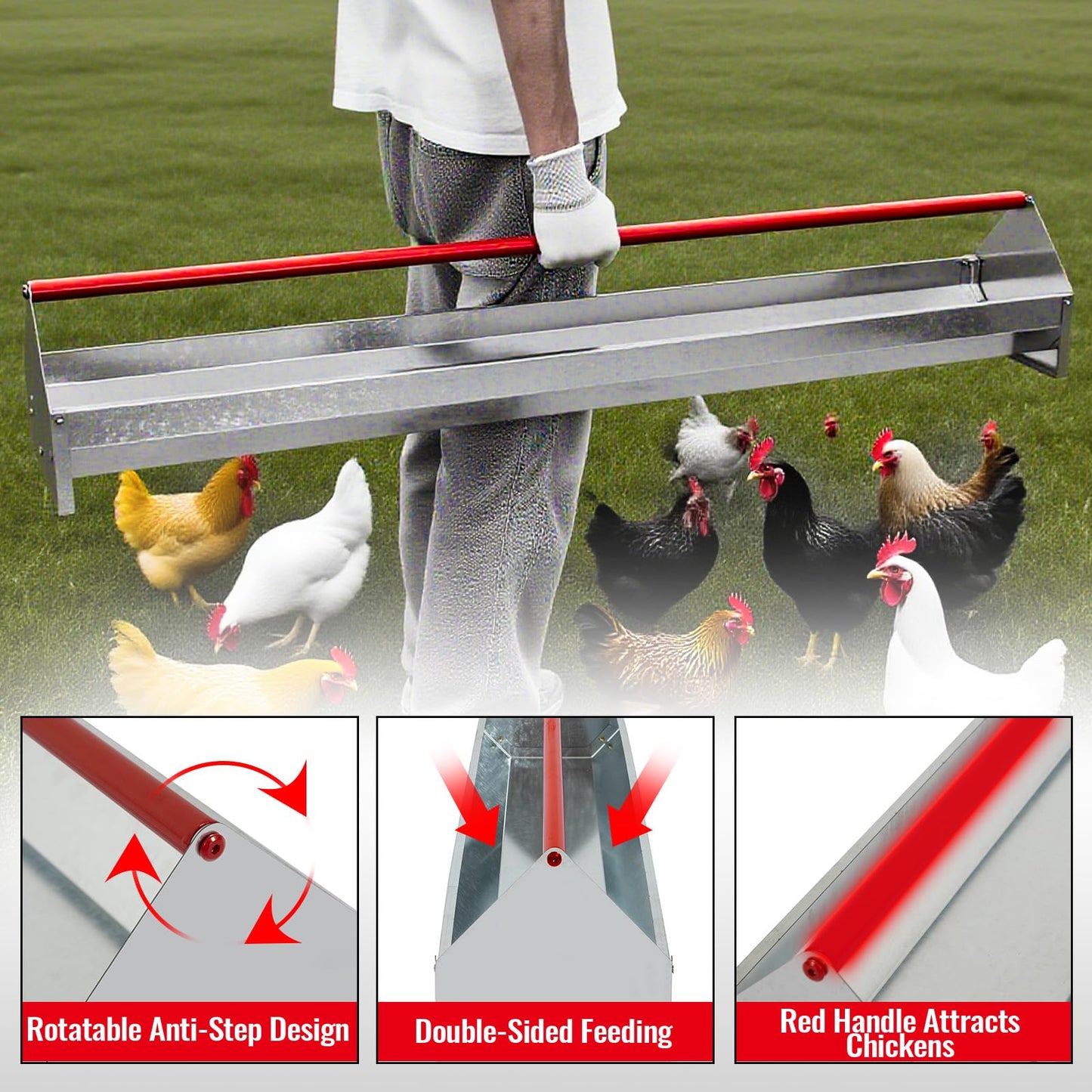 Chicken Feeding Trough 45", Heavy Duty Galvanized Steel Poultry Feeder with Red Crossbar & Drainage Holes, Large Capacity Feeder Trough for Chicken, Duck, Goose, Turkey, Rabbit, Pigeon