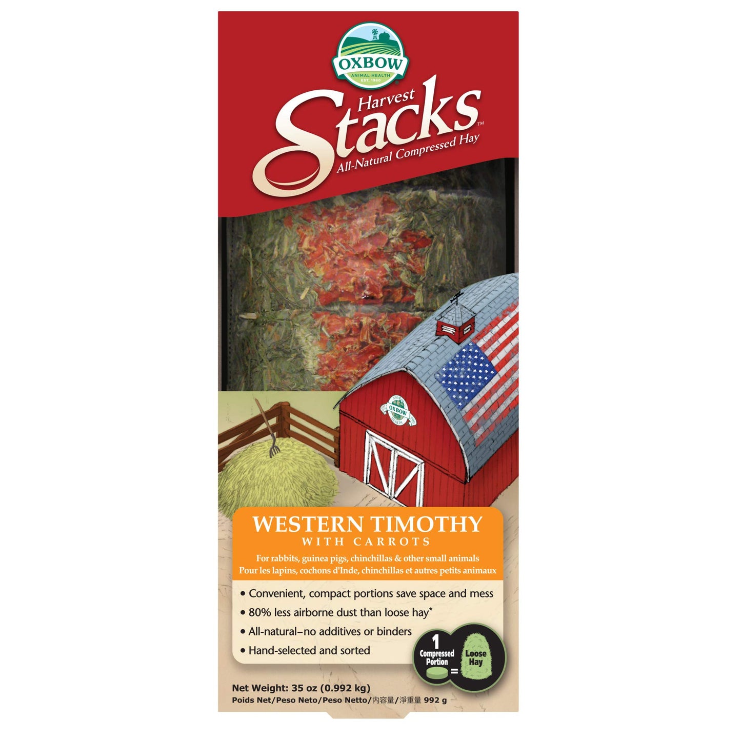 Oxbow Animal Health Harvest Stacks, Western Timothy Hay with Carrots, Guinea Pig Hay, Small Pet Bunny Supplies, Western Timothy for Rabbits, Guinea Pigs, Chinchillas, Hamsters & Gerbils, 35 oz.