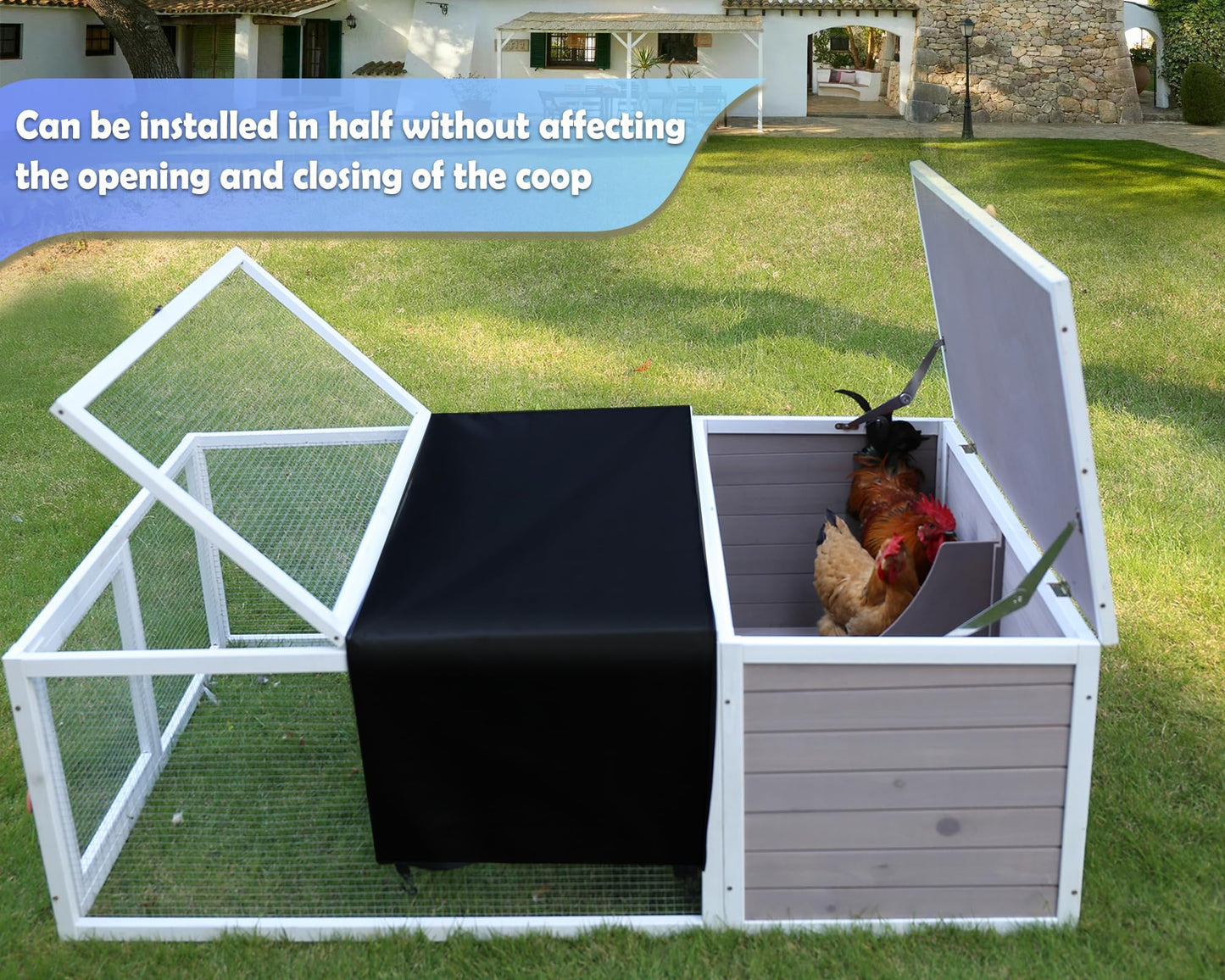 Chicken Coop with Run, 60” Rabbit Hutch with Cover Outdoor, Large Tortoise Habitat Pet Cage Wood Small Animal Poultry Cage Run with Waterproof Asphalt & Openable Roof and Side Door