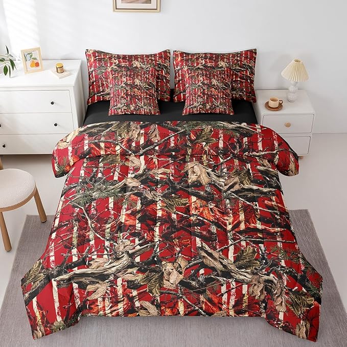 Feelyou Tree Branches 7 Pieces Bedding Set, for Kids Wild Hunting Leaf Bed Set Queen Size Botanical Tree Bed in a Bag with Comforter, Sheets, Pillowcases Bedroom Decor Nature Theme Red Brown