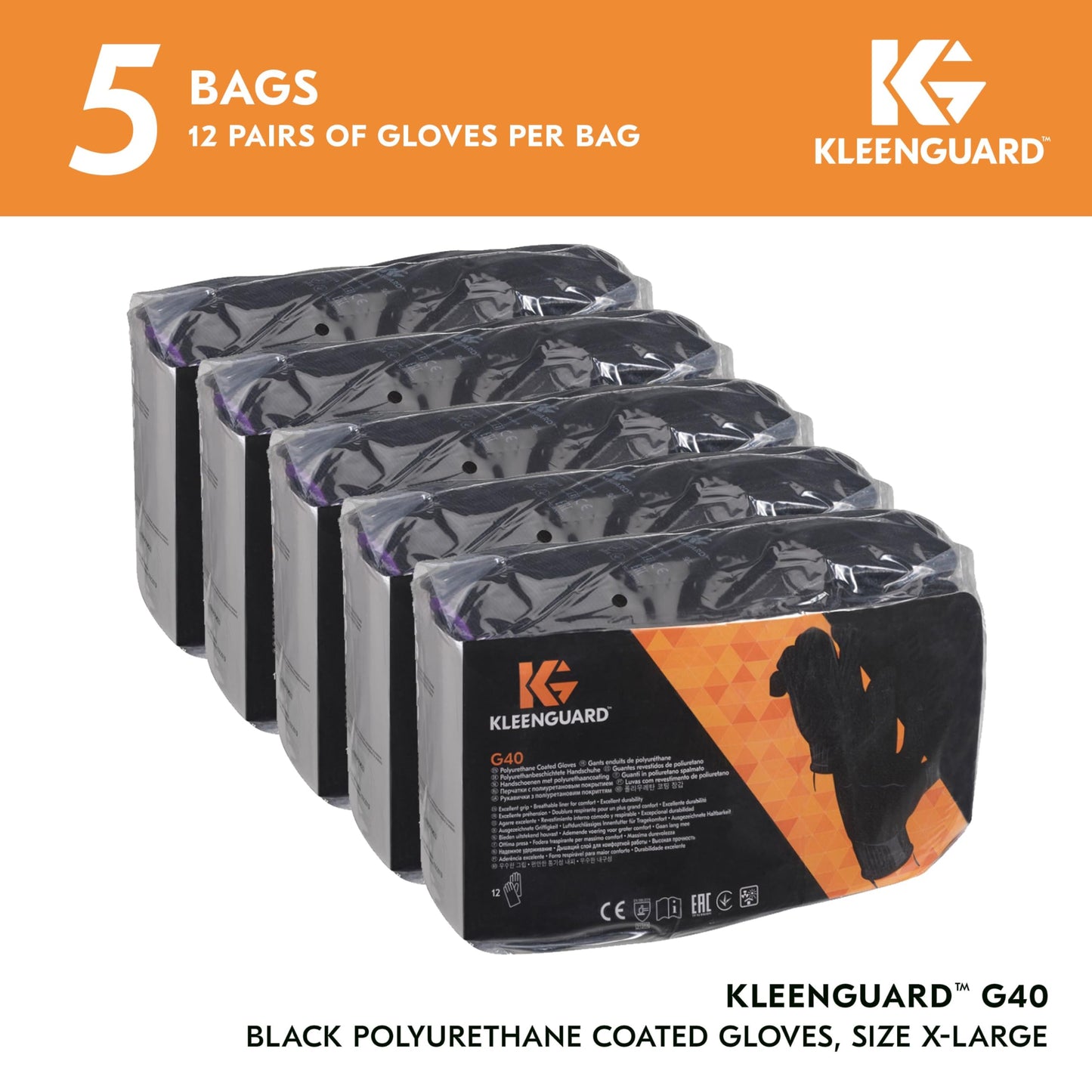 KLEENGUARD G40 Polyurethane Coated Gloves (13840), Size 10 (XL), High Dexterity, Black, 12 Pairs / Bag, 5 Bags / Case, 60 Pairs