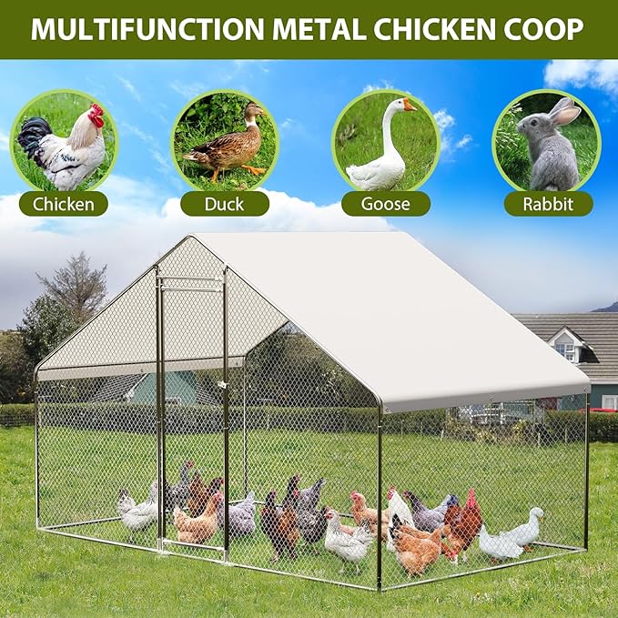 Large Metal Chicken Coop, 6.5 Ft Large Chicken Runs for Yard with Cover, Spire Roof Metal Chicken Coop with Lock for Outdoor, Backyard, Farm, Duck, Rabbit