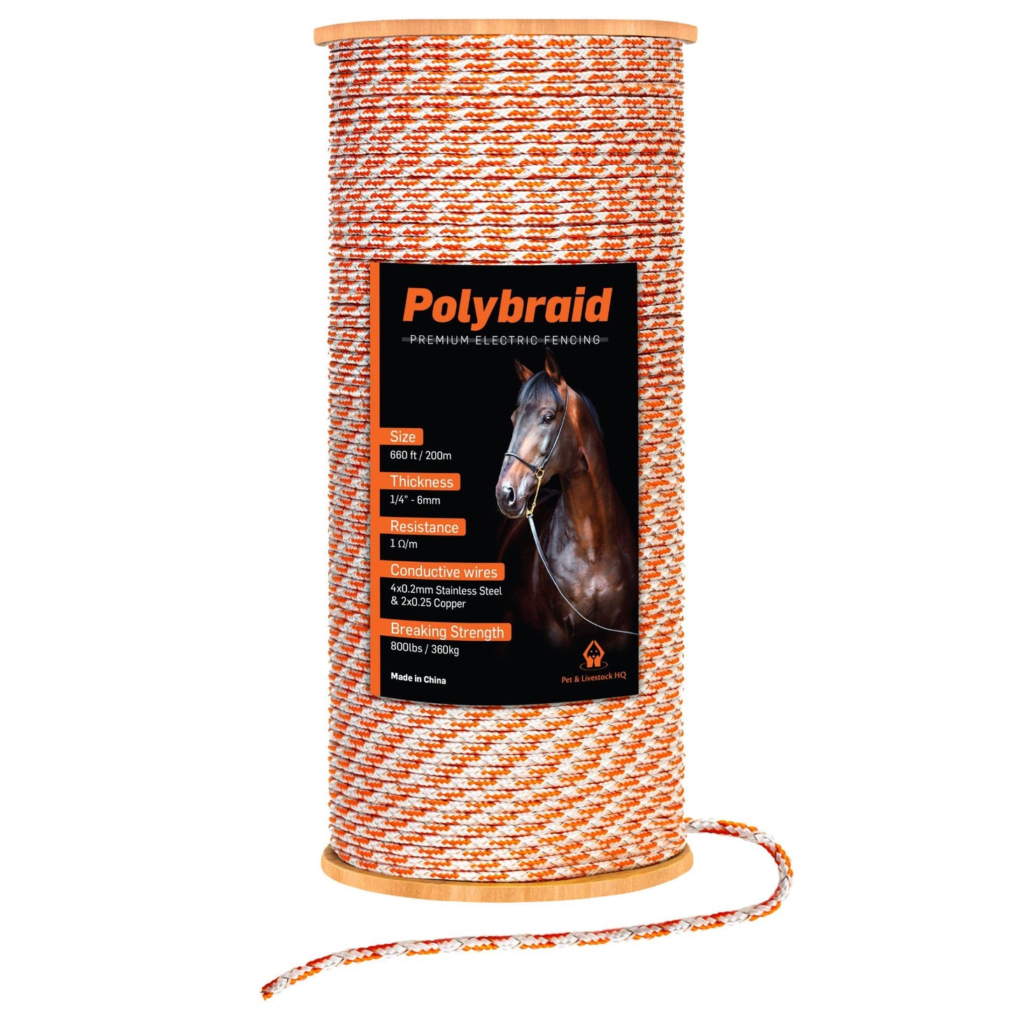 Electric Fence Polybraid 660ft Thickness 1/4" - Premium Heavy Duty Braided Polyrope - High Visible Rope Fencing for Horse, Cattle, Livestock - 6 Wire Conductors: 2X Cooper and 4X Stainless Steel