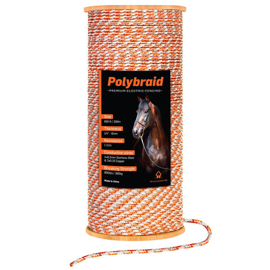 Electric Fence Polybraid 660ft Thickness 1/4" - Premium Heavy Duty Braided Polyrope - High Visible Rope Fencing for Horse, Cattle, Livestock - 6 Wire Conductors: 2X Cooper and 4X Stainless Steel