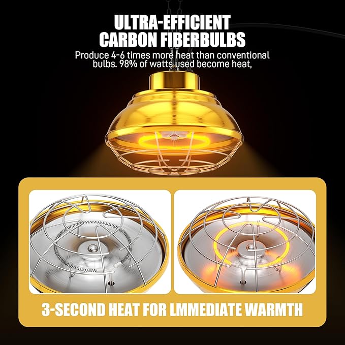 Heat Lamp for Chickens Coop, Chicken Coop Heater Accessories, 300~600 Watt Two-Stage Temperature Heat Lamp for Chicks, Carbon Fiber Heating Element for Chicks, Ducks, Poultry, Pets
