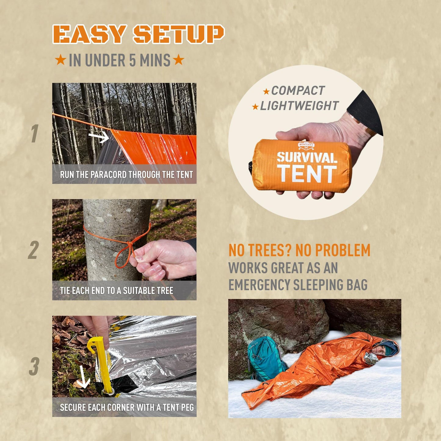 Emergency Tent, 2 Person Survival Shelter, Thermal Mylar, Waterproof, Outdoor Camping Gear and Equipment, Survival Kits, Compact Bivvy Tarp, Includes Paracord and Accessories.