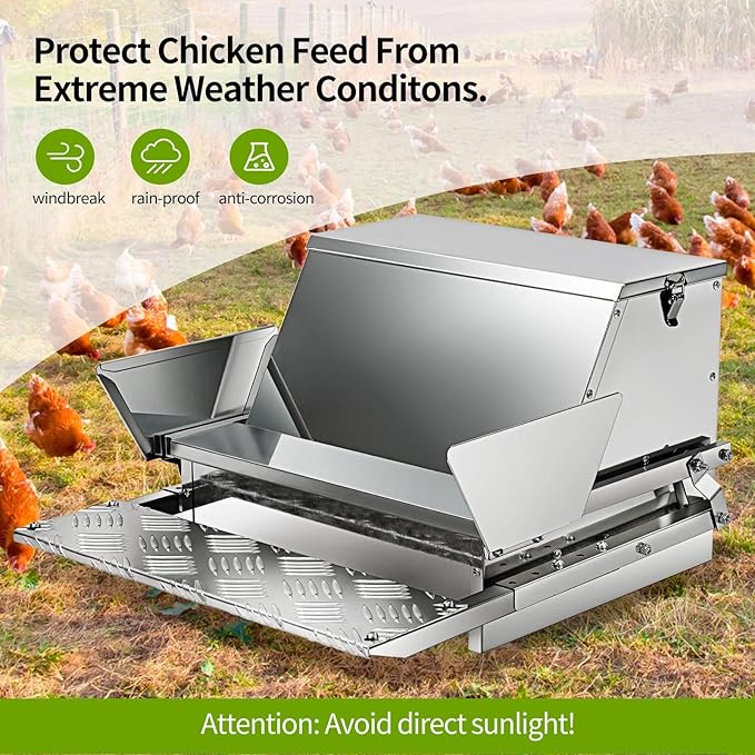 RYFT Automatic Chicken Feeder 25 lb Galvanized Steel Poultry Feeder, Up to 12 Chickens 10 Days with Weatherproof Lid, for Chickens, Ducks, Fowl