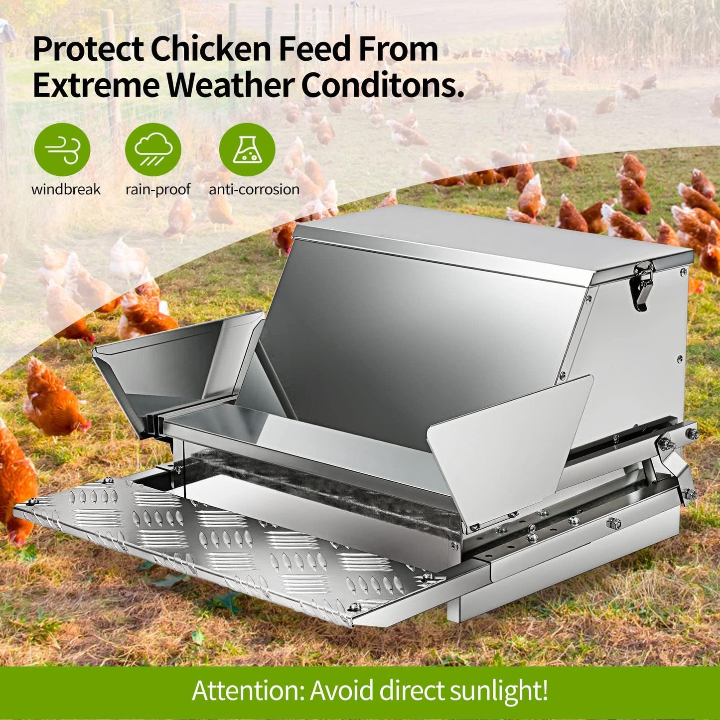 RYFT Automatic Chicken Feeder 25 lb Galvanized Steel Poultry Feeder, Up to 12 Chickens 10 Days with Weatherproof Lid, for Chickens, Ducks, Fowl
