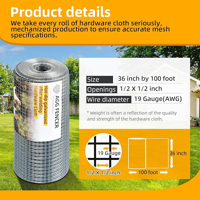 36inch x 100ft Hardware Cloth 1/2 inch Chicken Wire Fencing 19Ga, Hot Dipped Galvanized After Welding Garden Plant Supports Welded Metal Chicken Wire Fence Poultry Animal Netting Cage Screen