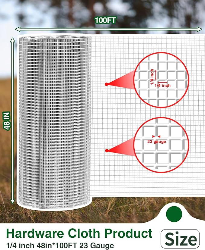 1/4" x 48" x 100FT Silver Hardware Cloth - Hot-Dip Galvanized Chicken Wire Fencing, 23 Gauge Welded Wire Mesh Roll for Chicken Coop, Rabbit, Snake, Deer Fencing and Garden/Tree Protection