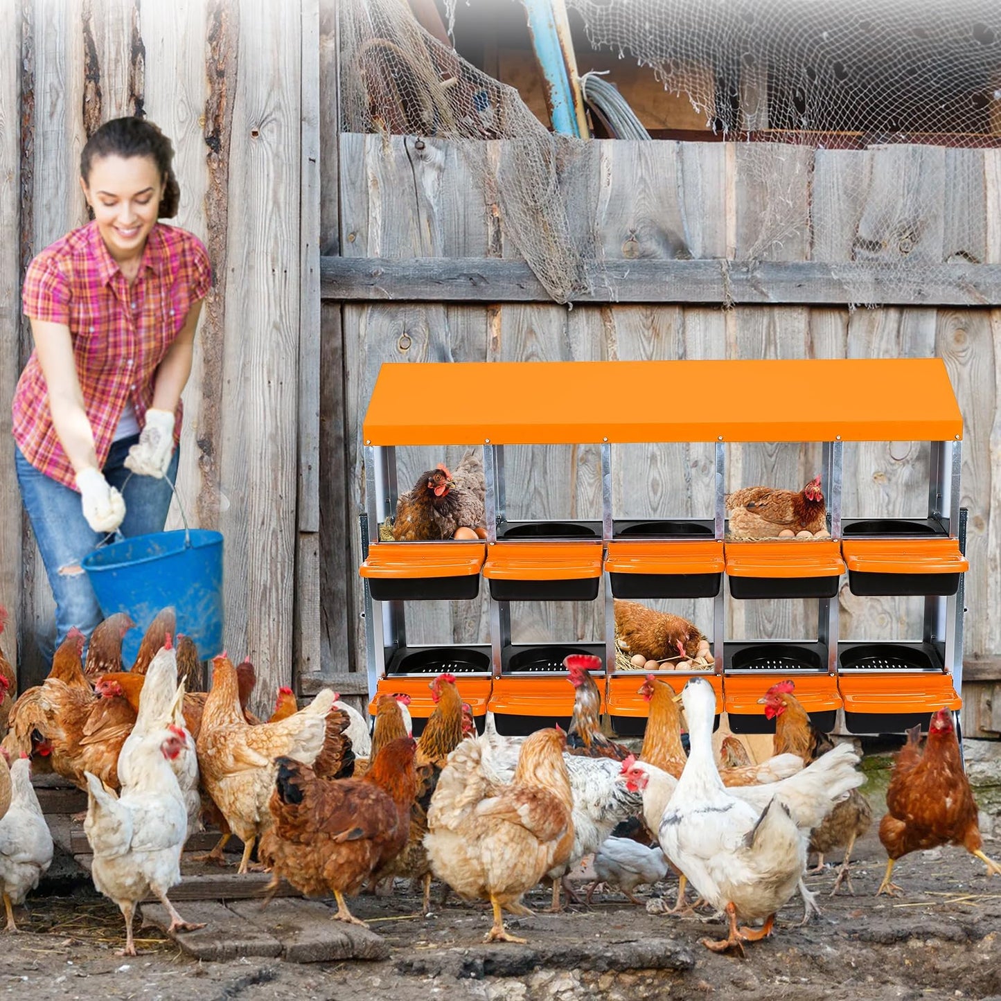 10 Hole Chicken Nesting Box with Bracket, Roll-Away Egg Collection System with Ventilation Holes，Rustproof Plastic Tray & Keyhole Mounting, Chicken Laying Box for Hen & Duck, Orange