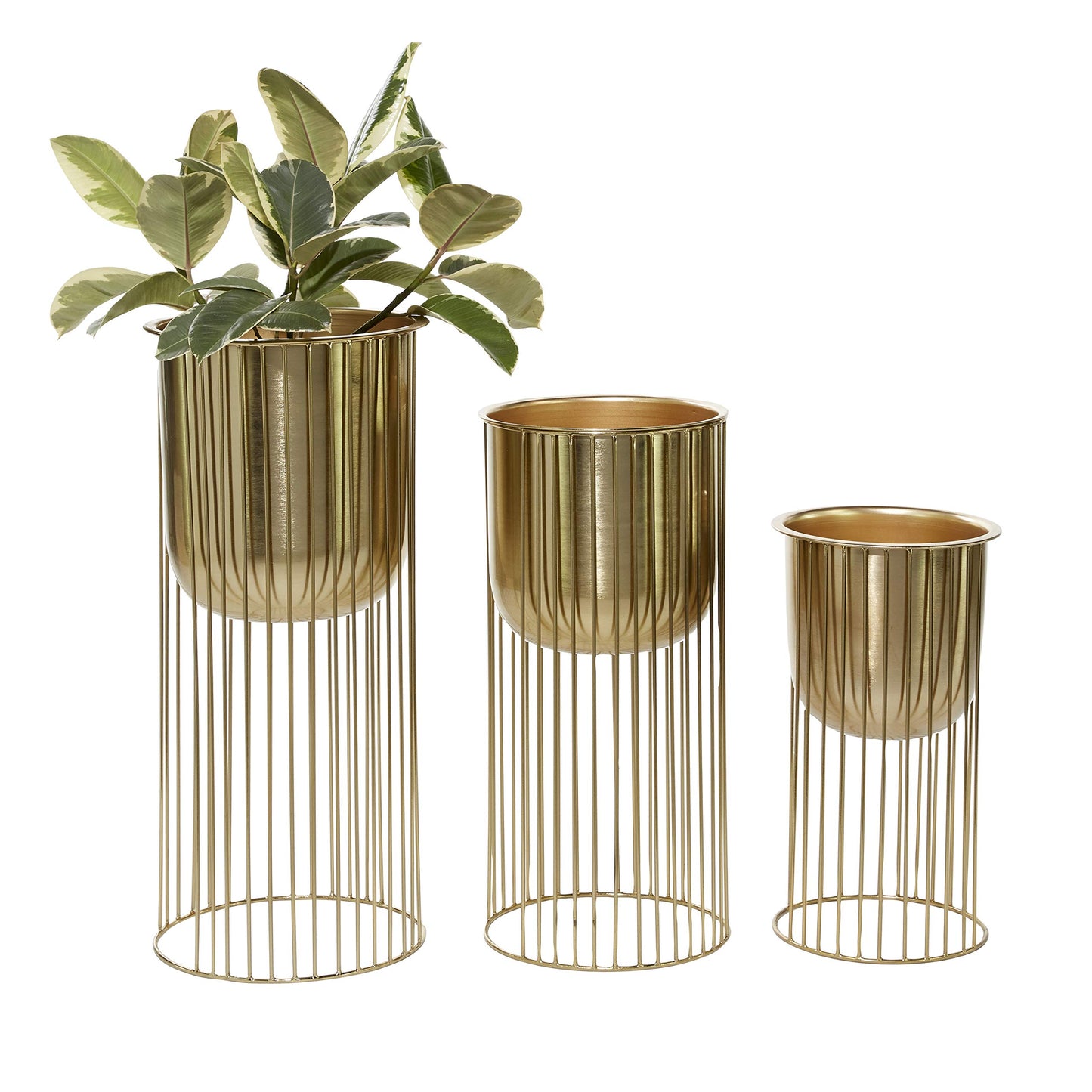 Deco 79 Metal Indoor Outdoor Planter Deep Recessed Dome Large Planter Pot with Elevated Caged Stand, Set of 3 Planters 24", 20", 16"H, Gold