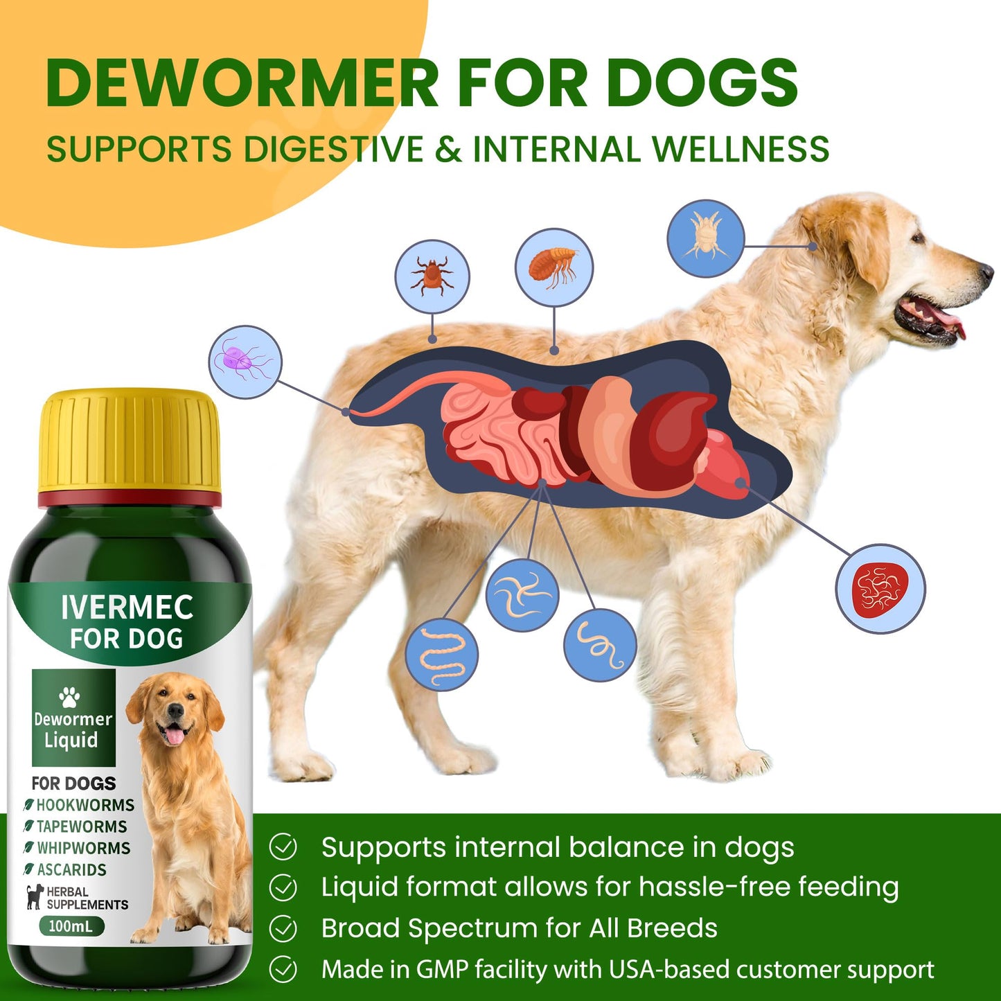 QIFEISHANKA lvermect Dewormer Liquid for Dogs, Broad Spectrum for All Wormer, Digestive Cleanser Treatment, Hookworms, Lung Worms, Pin Worms, Round Worms