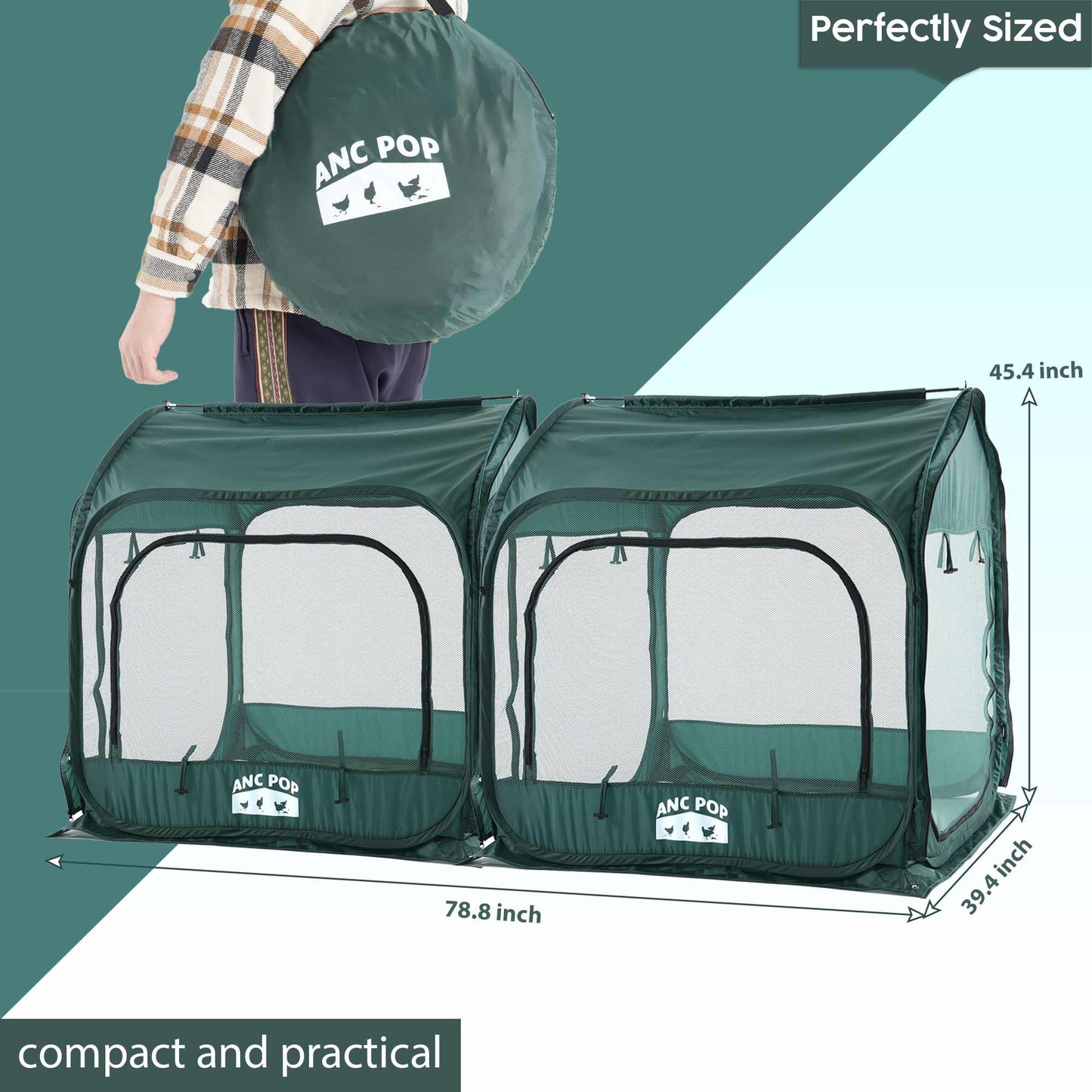 ANC POP 2Pcs Portable Chicken Run, Pop Up Chicken Tent for Small Animals Outdoor Gardening Net with 3 Doors and Handbag, Easy to Install and Storage, Green (80 x 40 x45)