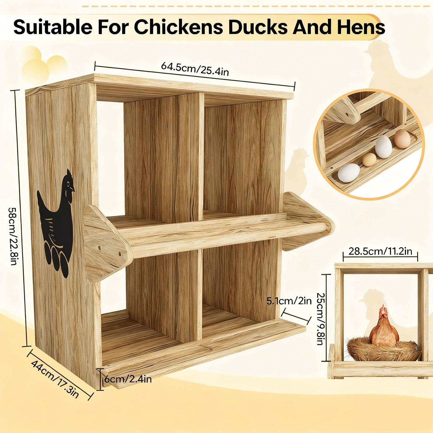 Chicken Nesting Box, 4 Compartment Wooden Nesting Boxes for Chickens with Perches, Floor/Stand/Wall Mount Large Chicken Nesting Boxes for Small & Medium Poultry