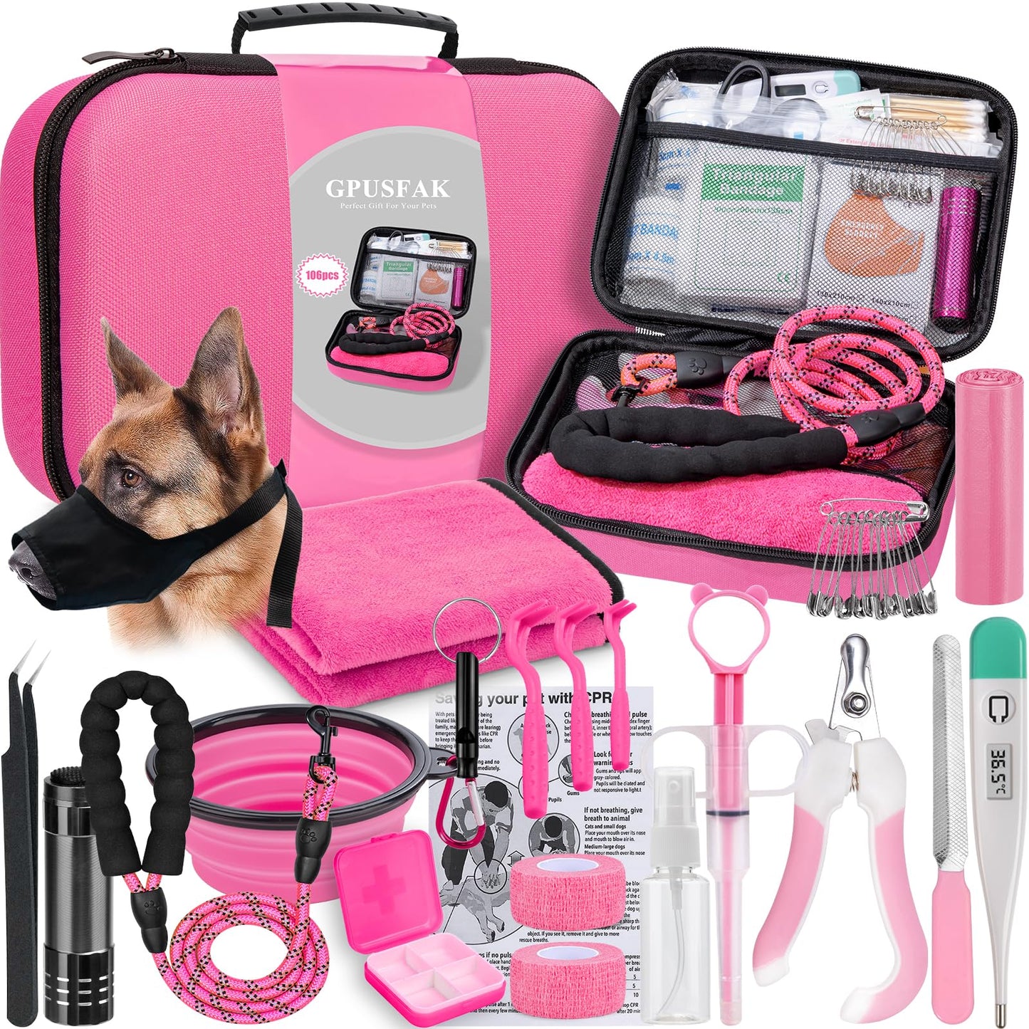 GPUSFAK Pet First Aid Kit for Dogs - Pet Emergency Kit for Camping Hiking Traveling Hunting and Sports (Pink)