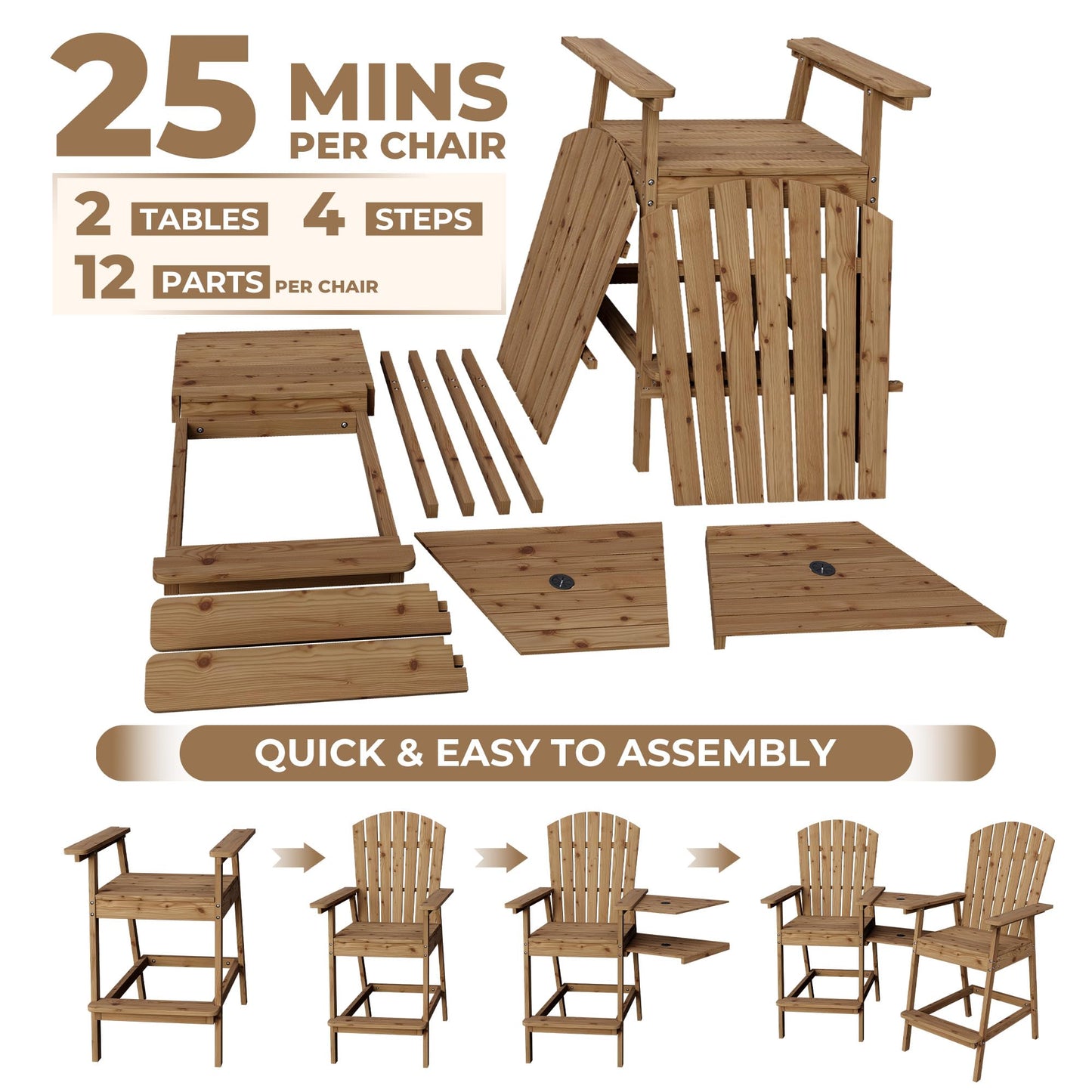 GarveeLife Outdoor Bar Height Adirondack Chairs with Connecting Tray, Balcony Chairs Adirondack for Deck, Backyard, Outdoor Tall Adirondack Chairs, Patio High Set of 4, Natural Wood