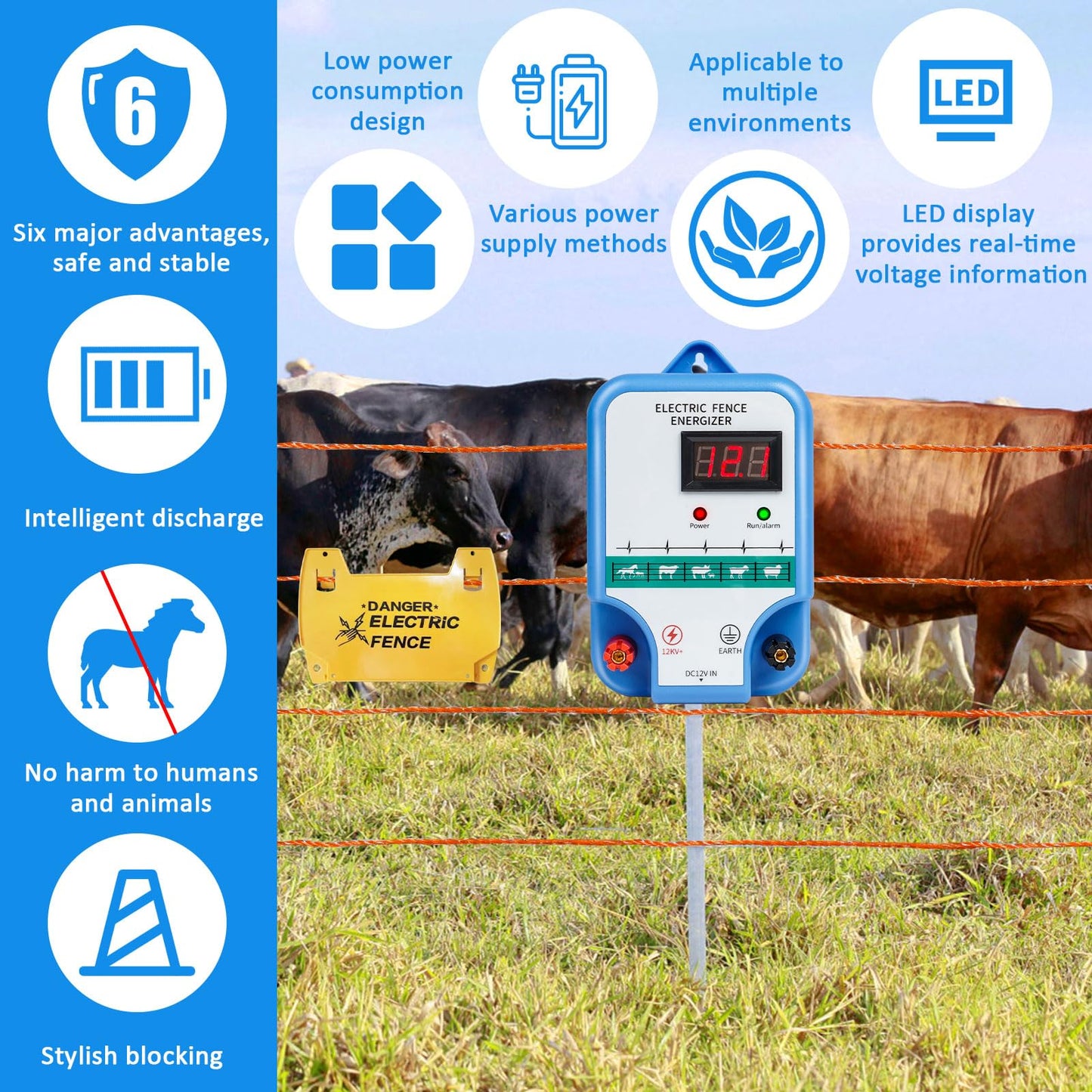 Electric Fence Charger for Livestock - 12 kV 3 Joules High-Power Electric Fence Energizer for Containing Pets Livestock and Preventing Wild Animals Intruding(7.07in)