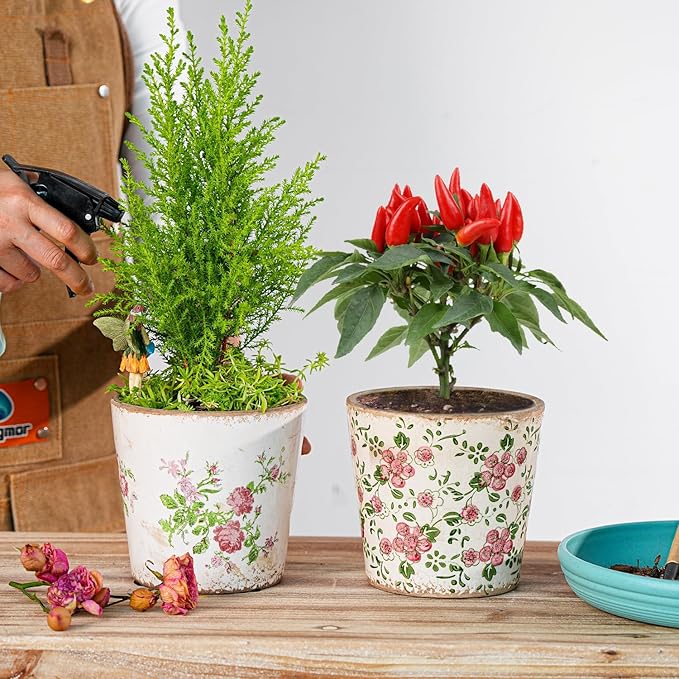 Sungmor Vintage Ceramic Plant Pots, Set of 2 Pretty Ice Cracked Glaze Ceramic Flower Pots, 5.5in. Herb Planters with Drainage Hole, Tuscan Planters for Indoor Outdoor Plants, Home Garden Decor Pot