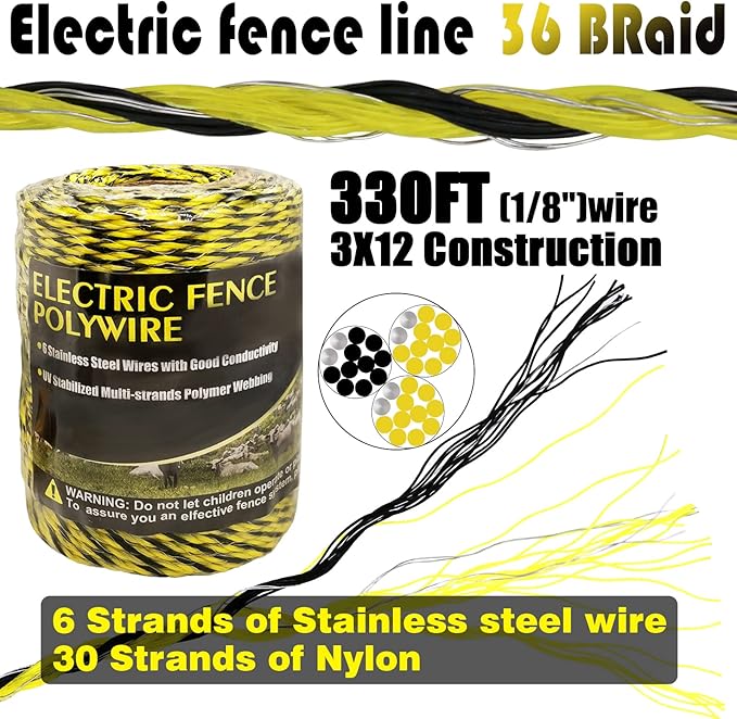 Upgraded Electric Fence Poly Wire 330 Feet 100 Meters 1/8" Dia Portable Electric Fencing Polywires and 50 Pcs Black Electric Fence Insulator (Grid System Accessories for Animal Husbandry Electronic)