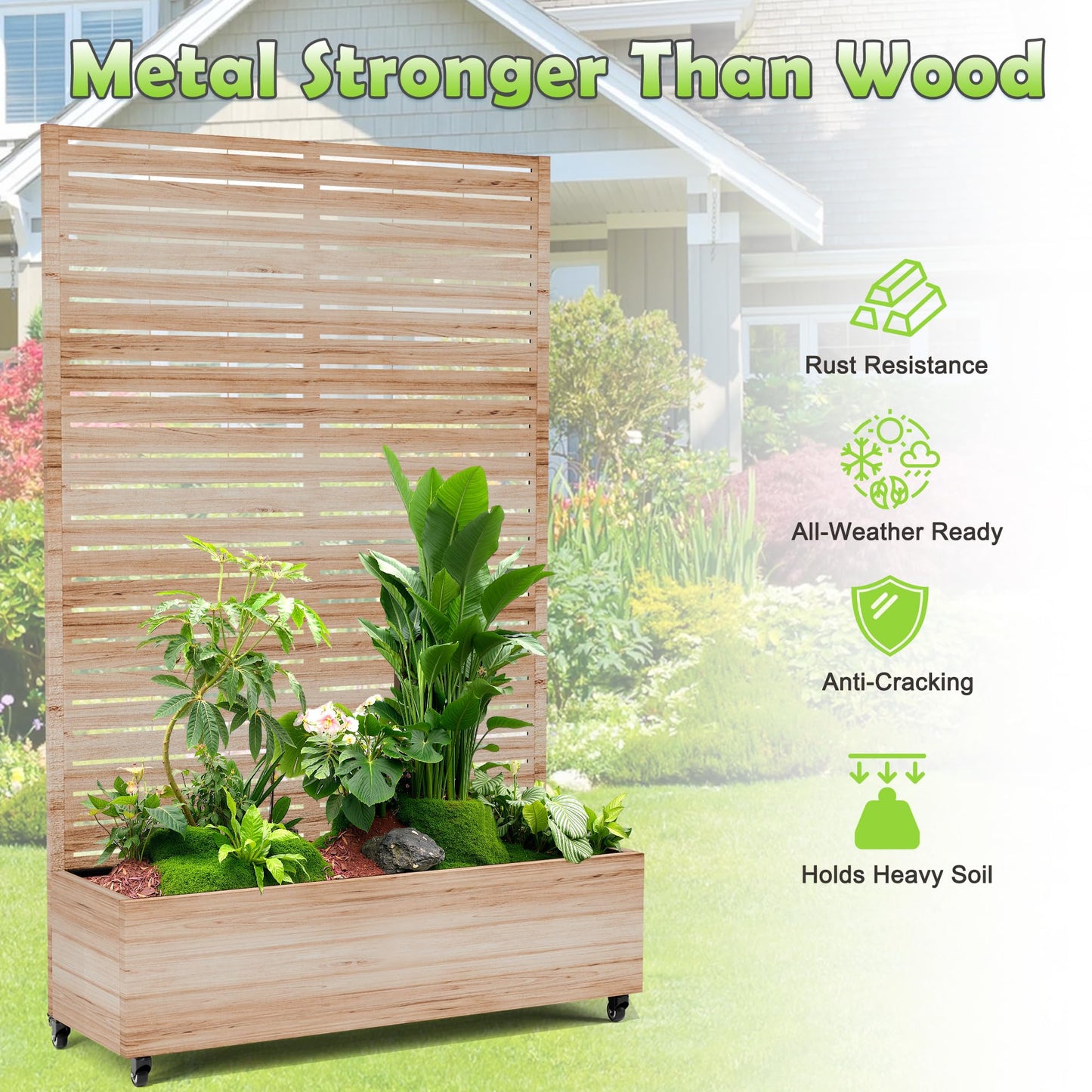 15.7"×70.9"×47.2" Metal Raised Garden Bed with Trellis and Wheels - Tall Trellis Planter Box for Climbing Plants, Vegetables & Vines - Outdoor Privacy Planters for Patio (Acacia Wood Grain)