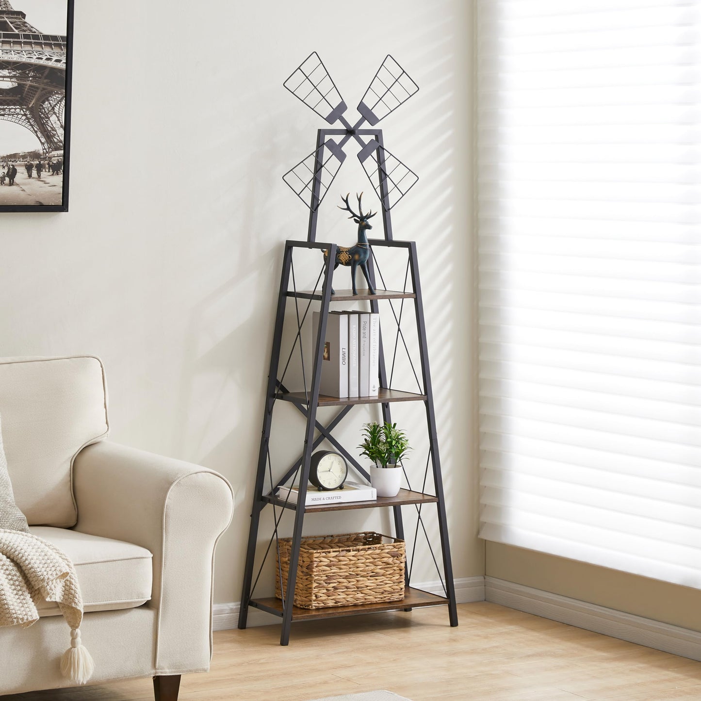 Hotity 4-Tier Rustic Windmill Ladder Bookshelf - Freestanding Industrial Storage Shelving Unit for Living Room, Bedroom, and Office