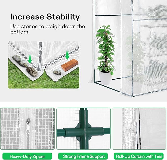 VIVOSUN Mini Lean-to Greenhouse, 6.6’ x 3.3’ x 6.9’ Portable Wall House with White PE Cover and Shelf for Compact Garden 79x39x83-Inch