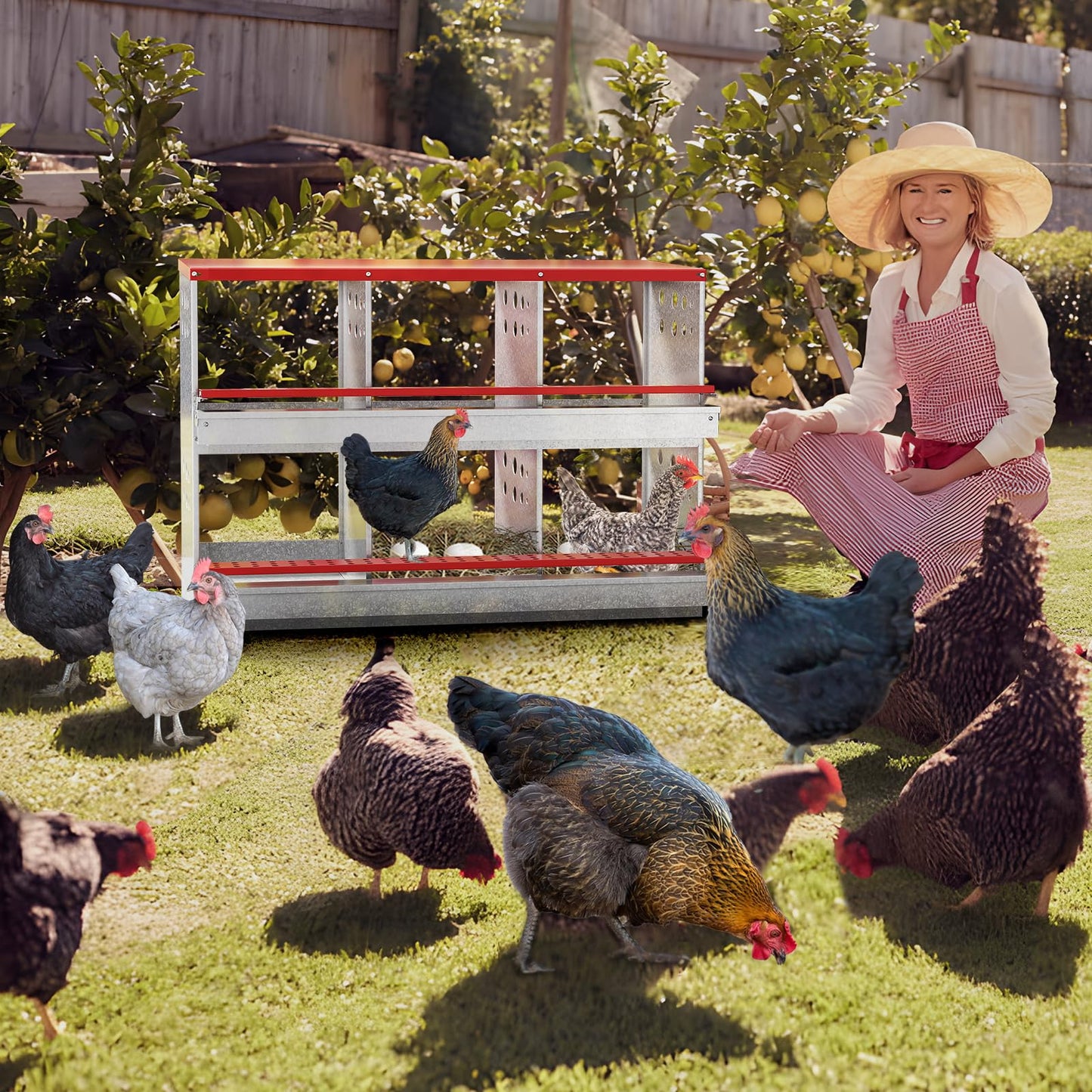 FuzzlyCo Chicken Nesting Boxes, 6 Hole Nesting Box for Chickens with Easy Egg Collection Roll Away Heavy Duty Chicken Coop Laying Box for Hens