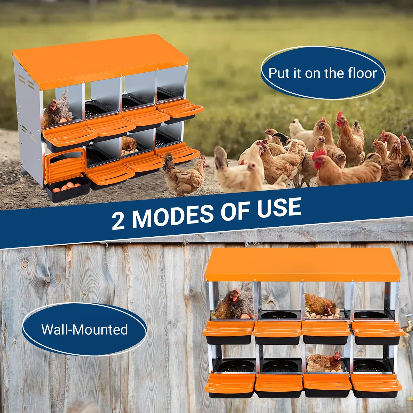 Chicken Nesting Box, 8 Compartments Nesting Boxes for Chickens, Chicken Laying Boxes, Roll Away Nesting Box for Chickens Laying Egg with Lid Cover to Protect Eggs, Orange