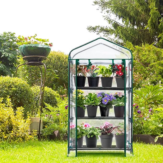 EAGLE PEAK Mini Greenhouse with Wire Shelves, Portable Indoor & Outdoor Garden Green House with Roll-Up Zipper Door, 3 Tier , 27"x19"x50", Clear PVC Cover