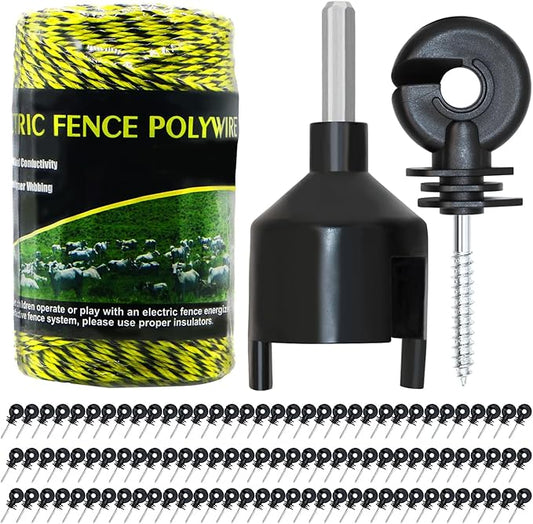 Electric Fence Poly Wire 660 Feet 200 Meters 1/8" Dia Portable Electric Fencing Polywires and 100 Pcs Black Electric Fence Insulator (Grid System Accessories for Animal Husbandry Electronic)