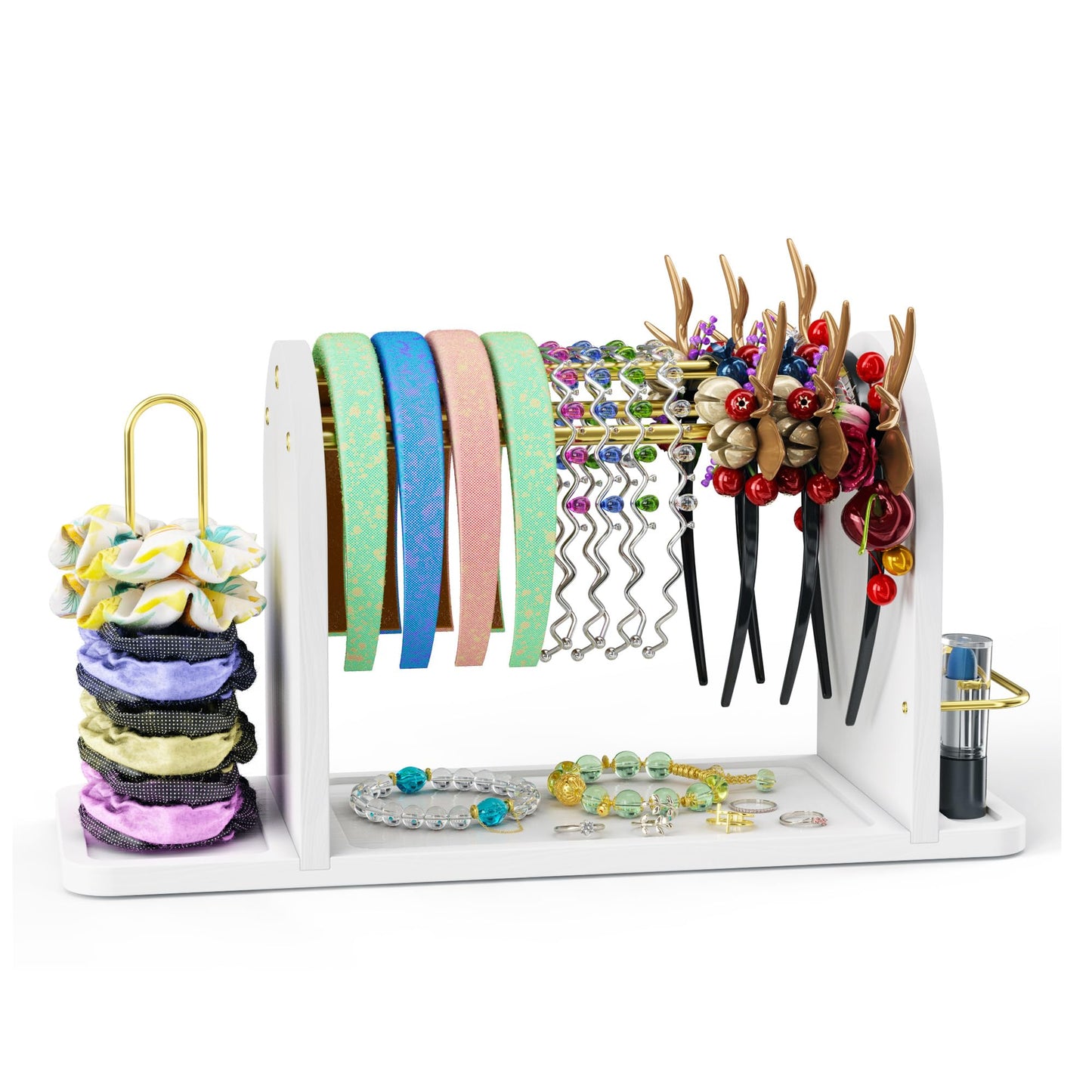 BEGULF 3 In 1 Headband Holder Organizer for Women, Versatile Headband Storage, Metal Headband Stand with Wood Base and Scrunchie Holder, Headband Display for Hair Accessories, Jewelry (White)