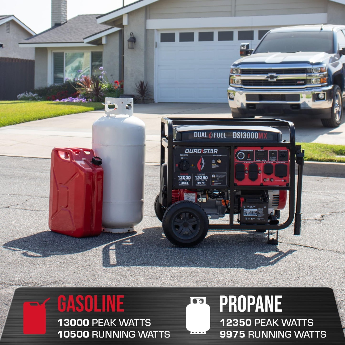 DuroStar DS13000MX 13,000-Watt 500cc Dual Fuel Portable Generator - Gas and Propane, Remote Electric Start, Whole Home Power Backup, Transfer Switch Ready, RV & Emergency Ready
