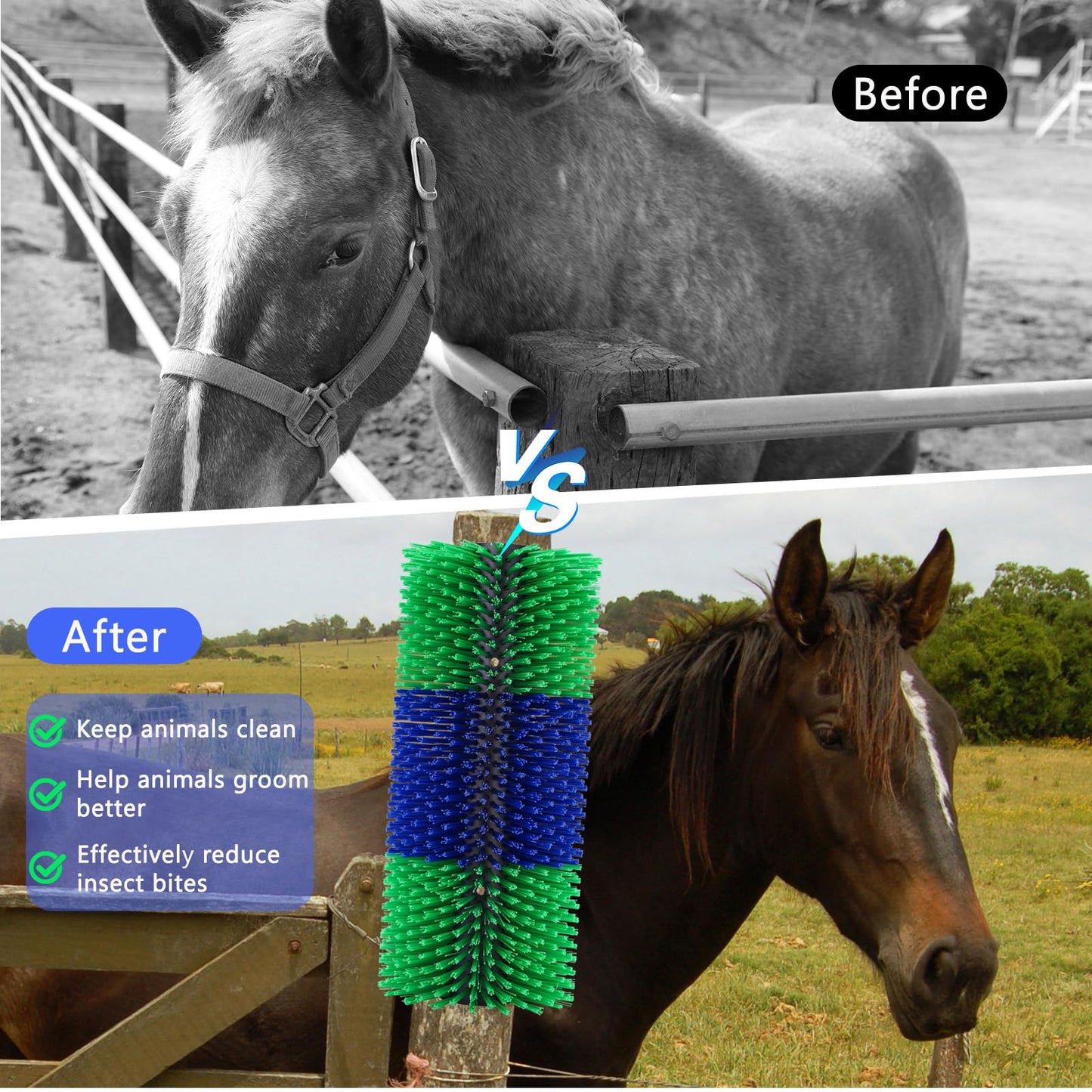 Livestock Scratching Brush,Horse Brushes for Grooming,Itch Relief Horse Scratcher Brushes Kit with Two Sets of Mounting Screws for Goat Cattle Cow Sheep Pig,1 Pack