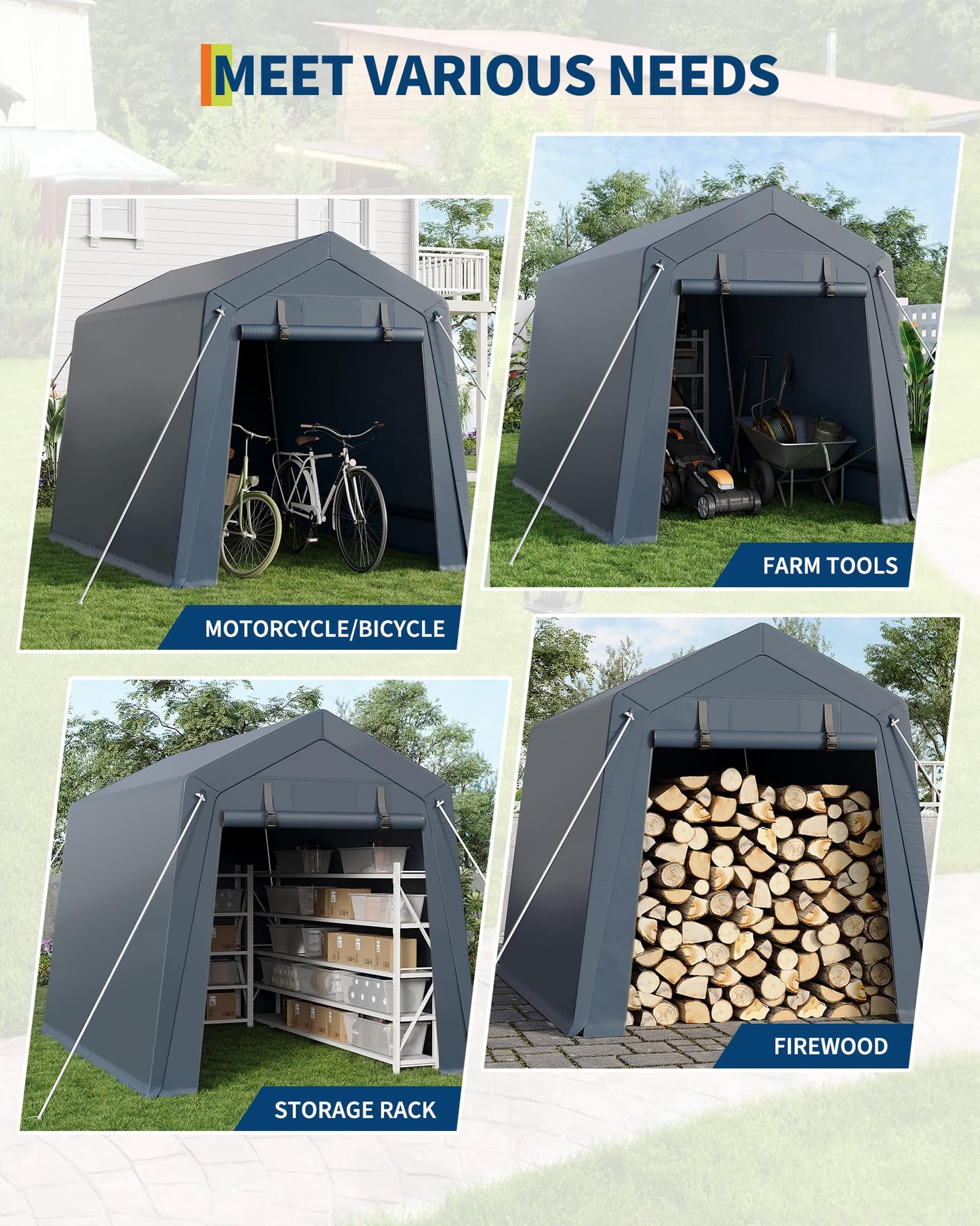 GarveeLife 6x8 FT Portable Outdoor Storage Shed with Roll-Up Zipper Door & Vent, 240G Heavy-Duty Shelter Waterproof PE Tarp, UV-Resistant Carport for Motorcycle, Firewood, Tools -Gray