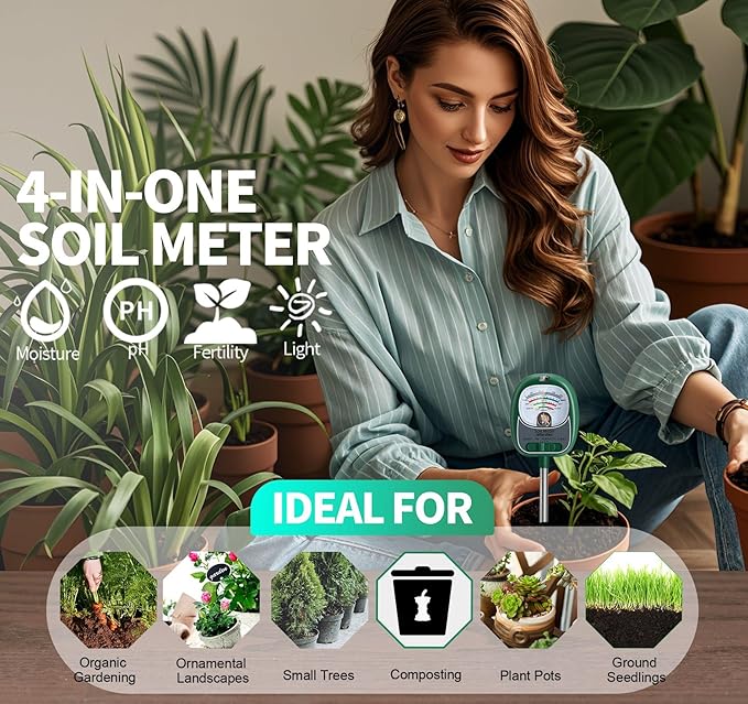 Soil Tester, Soil Moisture Meter/Soil pH Meter/Sun-Light/Fertility for Gardening, Large Dial Soil pH Tester Plant Water Meter for Indoor&Outdoor Garden,Farm Soil Test Kit-DeepGreen
