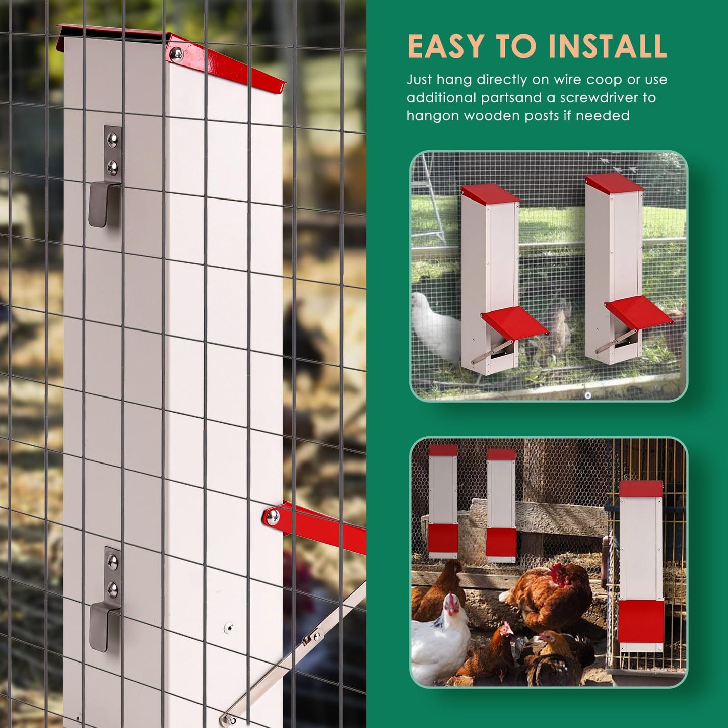 KHEARPSL Galvanized Chicken Feeder Hanging Chicken Coop Feeder Automatic Gravity Feeder Outdoor Weatherproof Metal Poultry Feeder with Lid Holds 8Lbs of Feed, No Waste Design