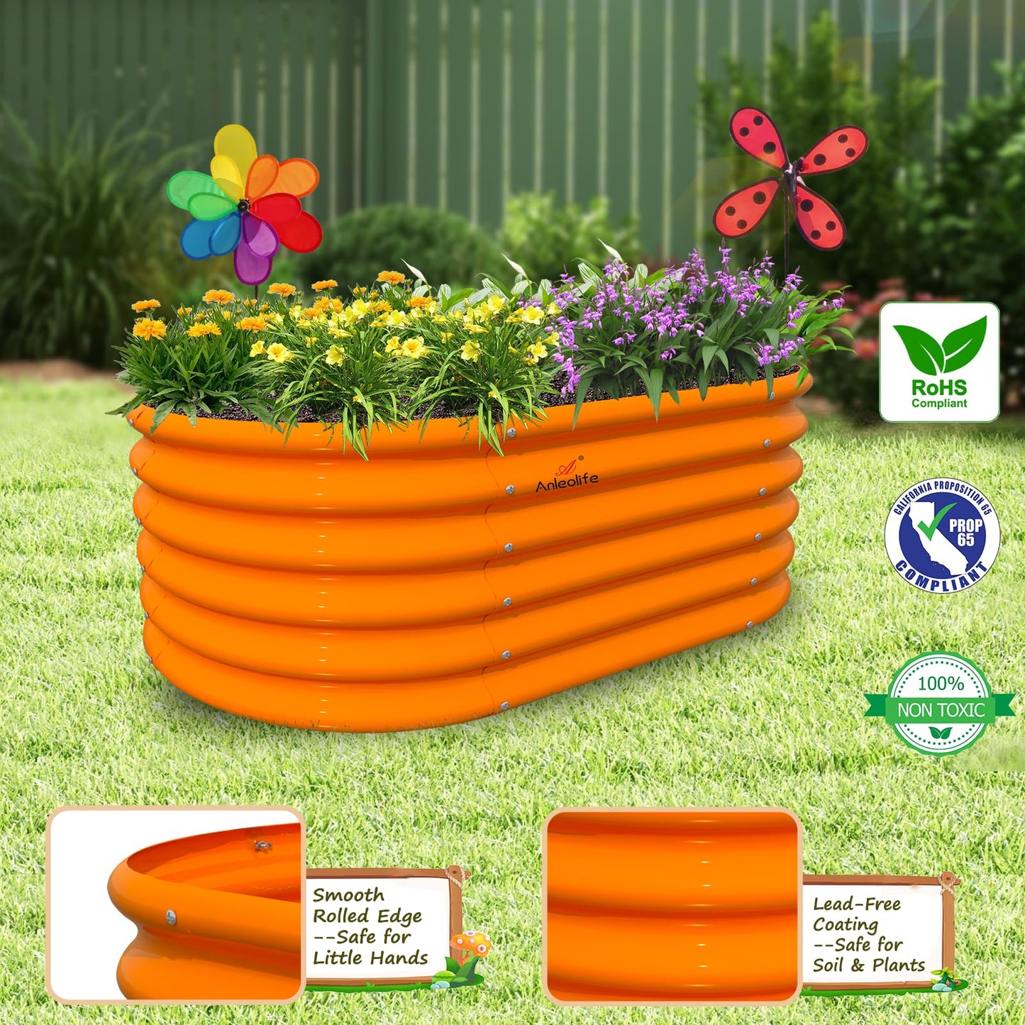 A ANLEOLIFE Kids Raised Garden Beds Outdoor (3-Pack)-40x24x18in Oval Round Galvanized Metal Planter Box for Planting Vegetables, Flowers, Fruits, Eco-Safe & Easy Setup, Peach Orange
