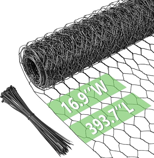 Chicken Wire 16.9 in x 393.7 in Poultry Wire Netting Hexagonal Galvanized Mesh Garden Fence Barrier for Pet Rabbit Chicken Fencing with 100 Pcs Cable Zip Ties(PVC-Coated)